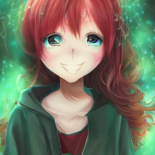 Image similar to anime infp girl with red hair and green eyes, with a bright smile, dreamy, very atmospheric, intricate, hyper detailed digital art