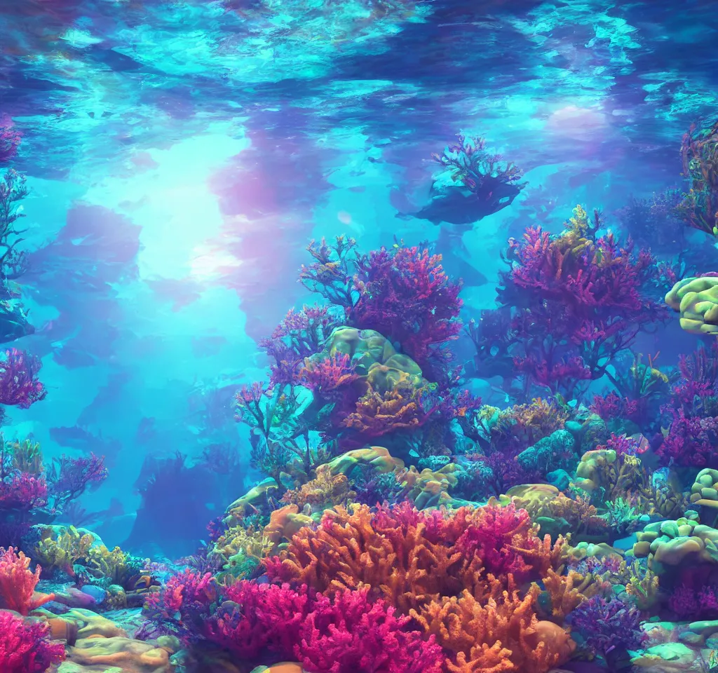 Prompt: underwater neon coral reef landscape magical realism painting with sun rays coming from above, neon pastel colors, octane render, maya, cinema 4d
