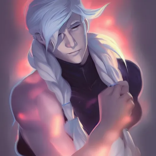 Image similar to buffed guy, long white hair, horns, red eye makeup, style of makoto shinkai and artgerm and loish, dynamic lighting trending on artstation