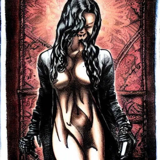 Prompt: tattooed woman, in the style of vampire the masquerade by tim bradstreet.