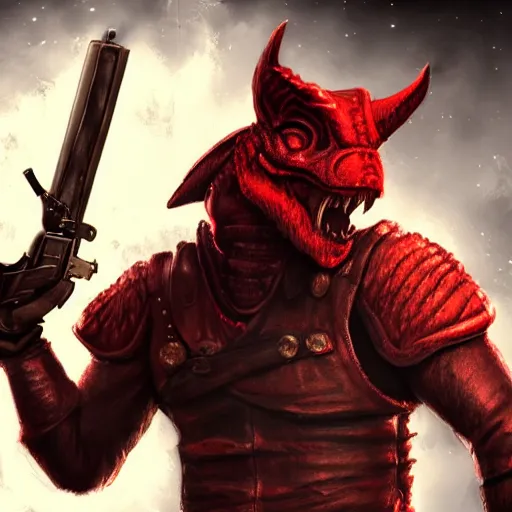 Prompt: Hyper realistic. Red dragonborn in a leather jacket holding an old gun