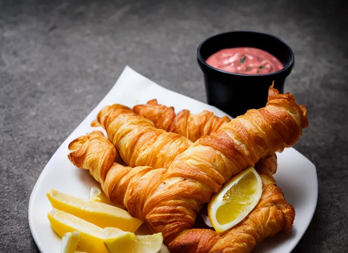 Prompt: dslr food photograph of fish and chips in a croissant, 8 5 mm f 1. 8