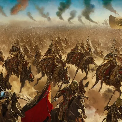 Image similar to an extremely detailed matte painting the winged hussars charging ottoman artillery, chaotic gun fire, heroic charge, last stand, 8 k, sharp focus, ultrawide lens, aerial photography, art by greg rutkowski and alphonse mucha