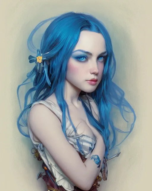 Image similar to symmetrical portrait of a pretty girl with blue hair dressed as alice and wonderland, digital painting, 8 k, concept art, art by wlop, artgerm, greg rutkowski and alphonse mucha