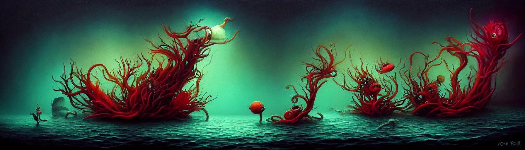 Prompt: whimsical strange small sea creatures from the depths of the imaginal realm, dark eerie dramatic lighting, detailed and atmospheric surreal darkly colorful painting by ronny khalil