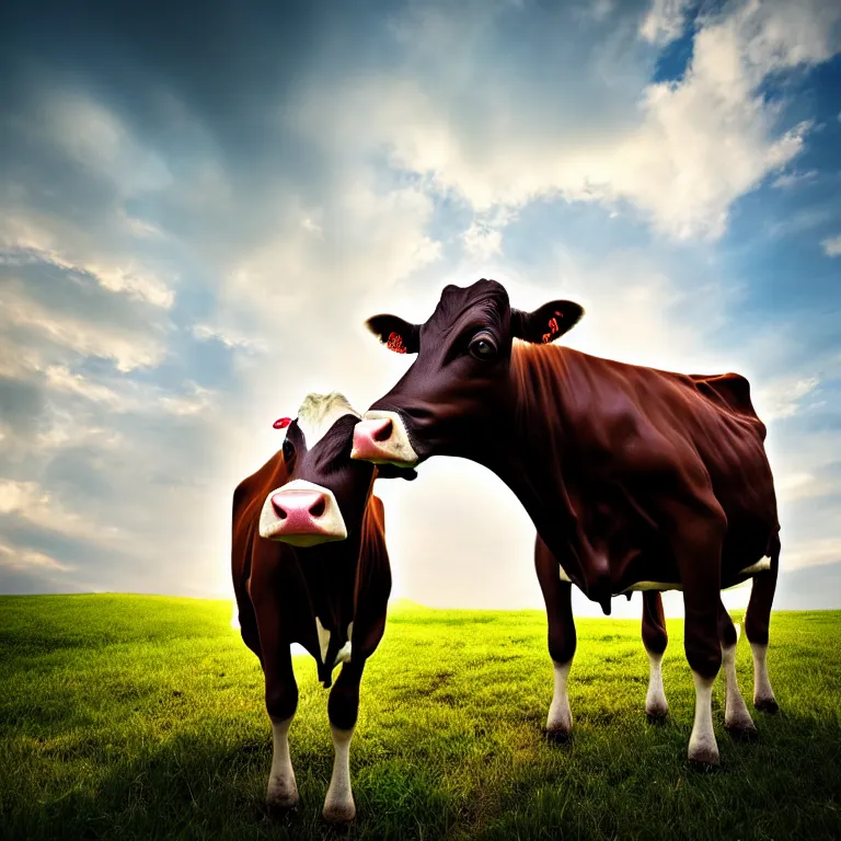 Image similar to homelander drinks milk from a cow, realistic, dramatic lighting, colors bright, dslr shot