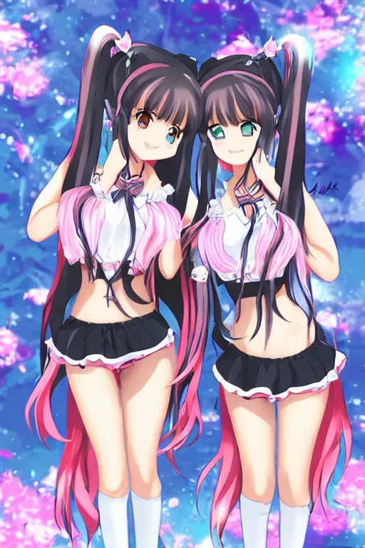 Prompt: two beautiful female idols with twintails standing chest to chest on stage, detailed anime art