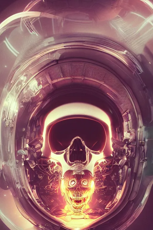 Prompt: biomechanical skull inside a demon space helmet by Roberto Ferri, vintage bulb, white plastic, iridescent visor, nebulous gas. intricate artwork by Tooth Wu and wlop and beeple and dan mumford and greg rutkowski, octane render, cinematic, hyper realism, 8k, depth of field, bokeh, vibrant