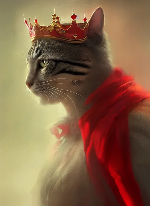 Image similar to side profile of a cat king wearing a crown and red cape, fantasy, digital painting, volumetric light, intricate, sharp, focus, bloom, illustration, highly detailed, concept art, matte, ruan jia, randy vargas, greg rutkowski