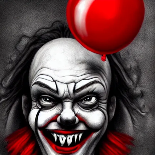 Prompt: surrealism grunge cartoon portrait sketch of jesus christ with a wide smile and a red balloon by - michael karcz, loony toons style, pennywise style, horror theme, detailed, elegant, intricate