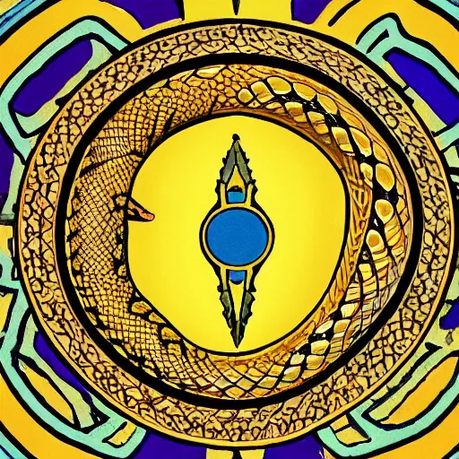 Image similar to a snake biting itself in the center of a tarot card with intricate details in the frames, symmetry, golden ratio, arab letters, colors: yellow, blue, violet, red, green, 4k, high quality render.