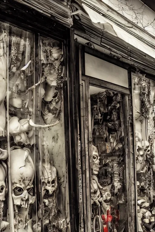 Prompt: 35mm photo of scary haunted japanese storefront, realistic materials, creepy, textures, dark horror, photo realistic, photoreal, detailed, nightmare, sharp focus