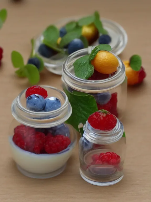 Prompt: 3 5 mm detailed miniature diorama of plastic jar of yogurt filled with fruits