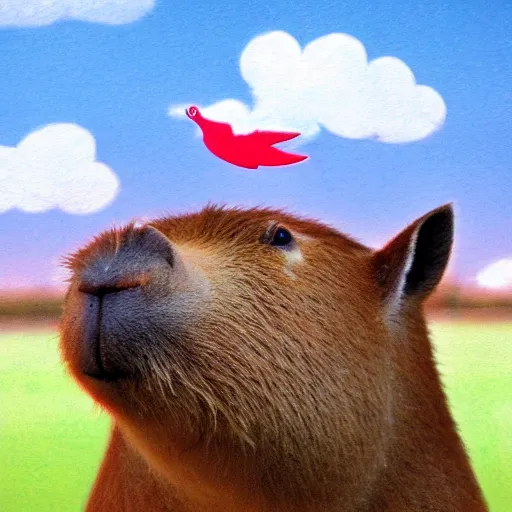 Image similar to capybara with angel wings flying in the sky