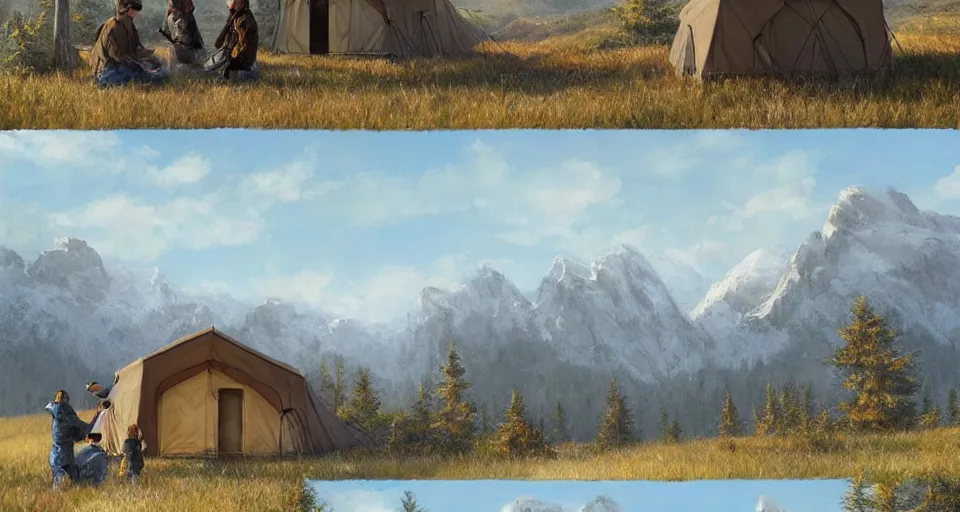 Image similar to cabela's beautiful comfortable modular insulated wall kit - house all weather family dwelling tent house, person in foreground, mountainous forested wilderness open fields, beautiful views, painterly concept art, joanna gaines, environmental concept art, farmhouse, magnolia, concept art illustration, by james gurney, by craig mullins, by greg rutkowski trending on artstation