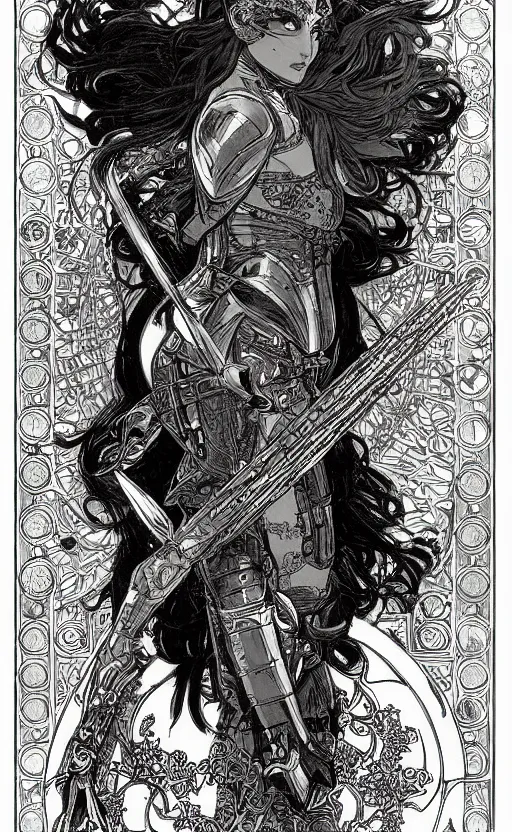 Image similar to armored woman in medieval setting fantasy style, intricate design, detailed, digital art, dark and gritty style, drawn by alphonse mucha