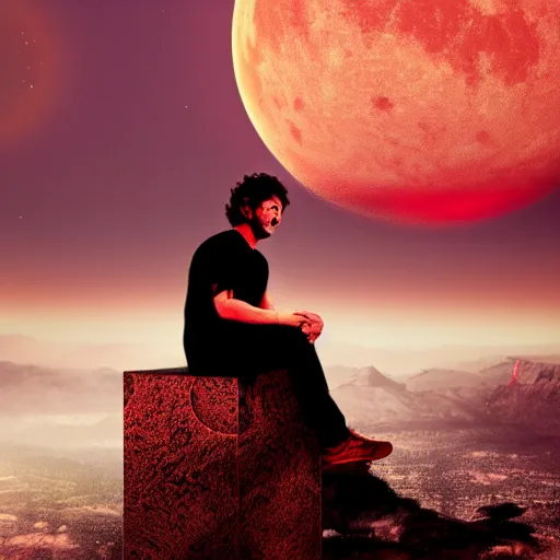 Image similar to gustavo cerati sitting on the red moon, digital art, matte painting, render unreal engine, highly detailed, asymmetrical