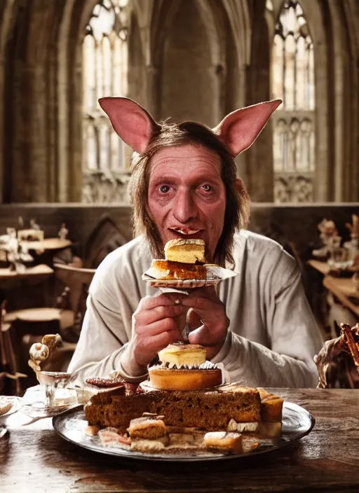 Image similar to closeup portrait of a medieval goblin eating cakes in the abbey, depth of field, zeiss lens, detailed, symmetrical, centered, fashion photoshoot, by annie leibovitz and steve mccurry, david lazar, jimmy nelsson, breathtaking, 8 k resolution, extremely detailed, beautiful, establishing shot, artistic, hyperrealistic, beautiful face, octane render