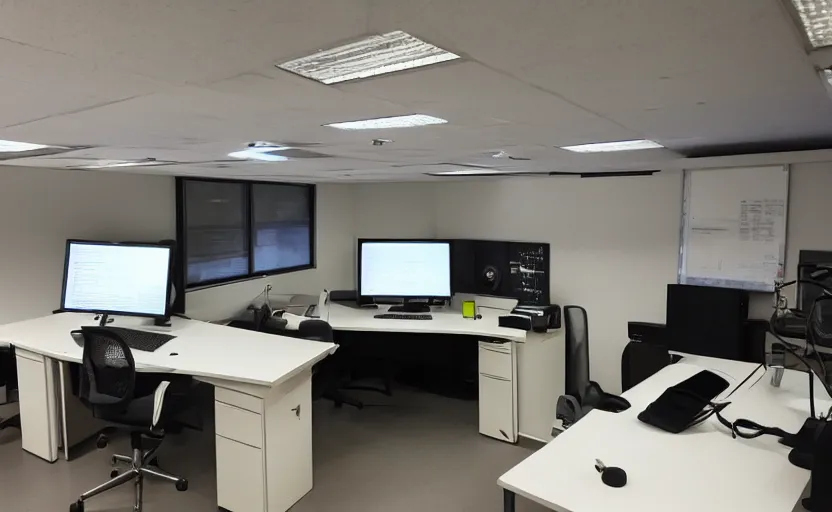 Prompt: looking over a man sitting by desk talking into tannoy system. low lit radio booth, one single lamp, keyboard, door to lab, sweaty. strange