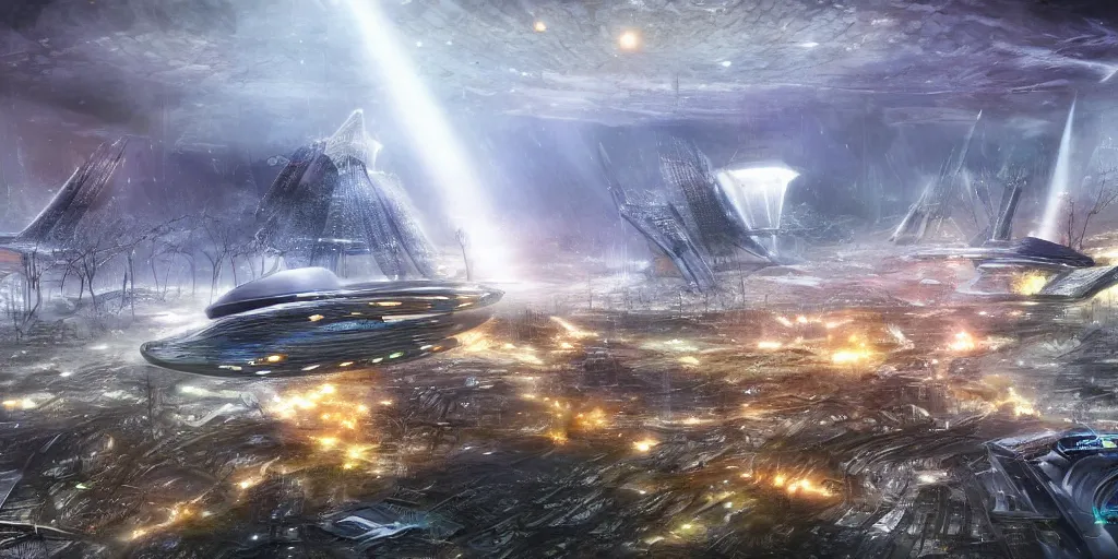 Image similar to future forest city attacked by spaceship, star trek, concept art, ice mist, glory war,