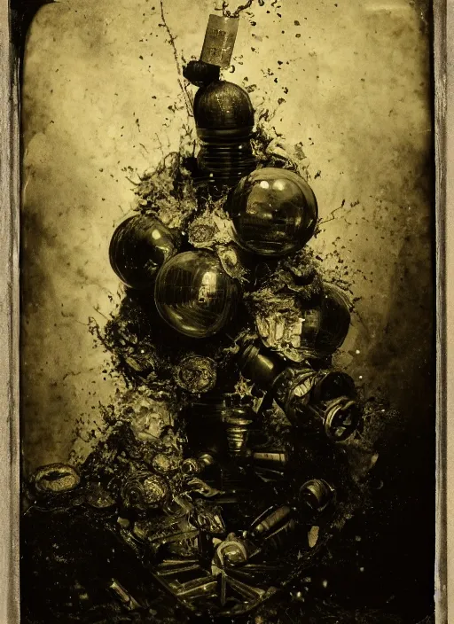 Image similar to old wetplate daguerreotype portrait of the birth of a super villain, explosion of data fragments, fractal, intricate, elegant, highly detailed, parallax, leica, medium format, subsurface scattering, by jheronimus bosch and greg rutkowski and louis jacques mande daguerre