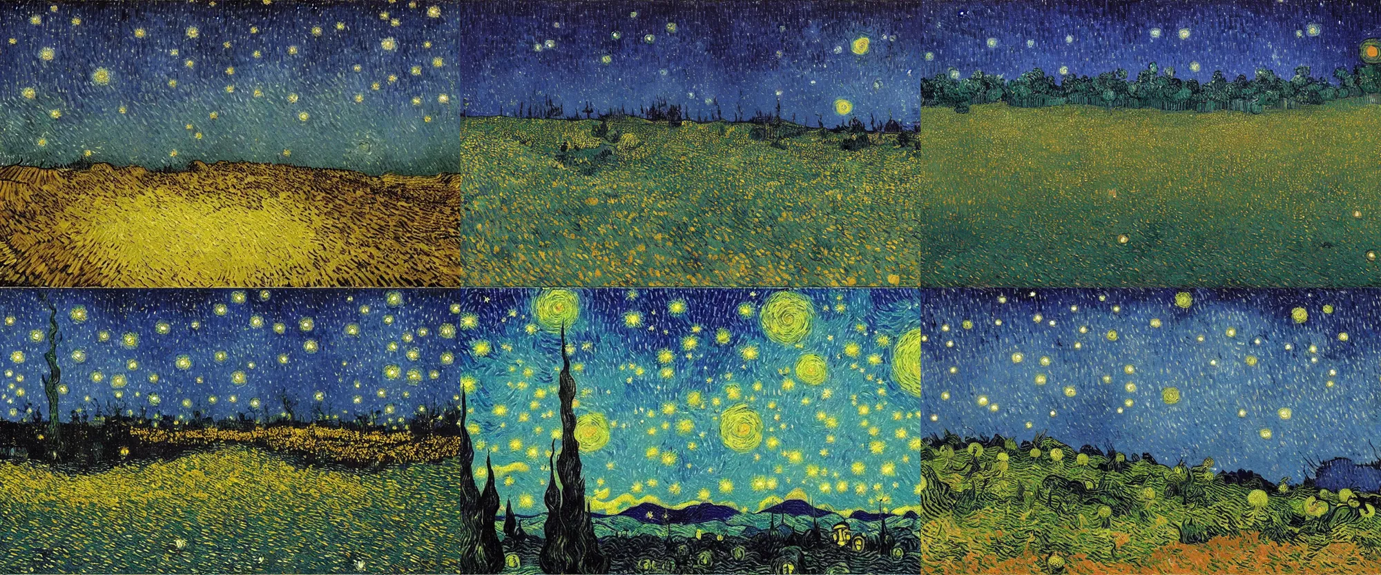 Prompt: a magic landscape in the night full of fireflies painted by Van Gogh