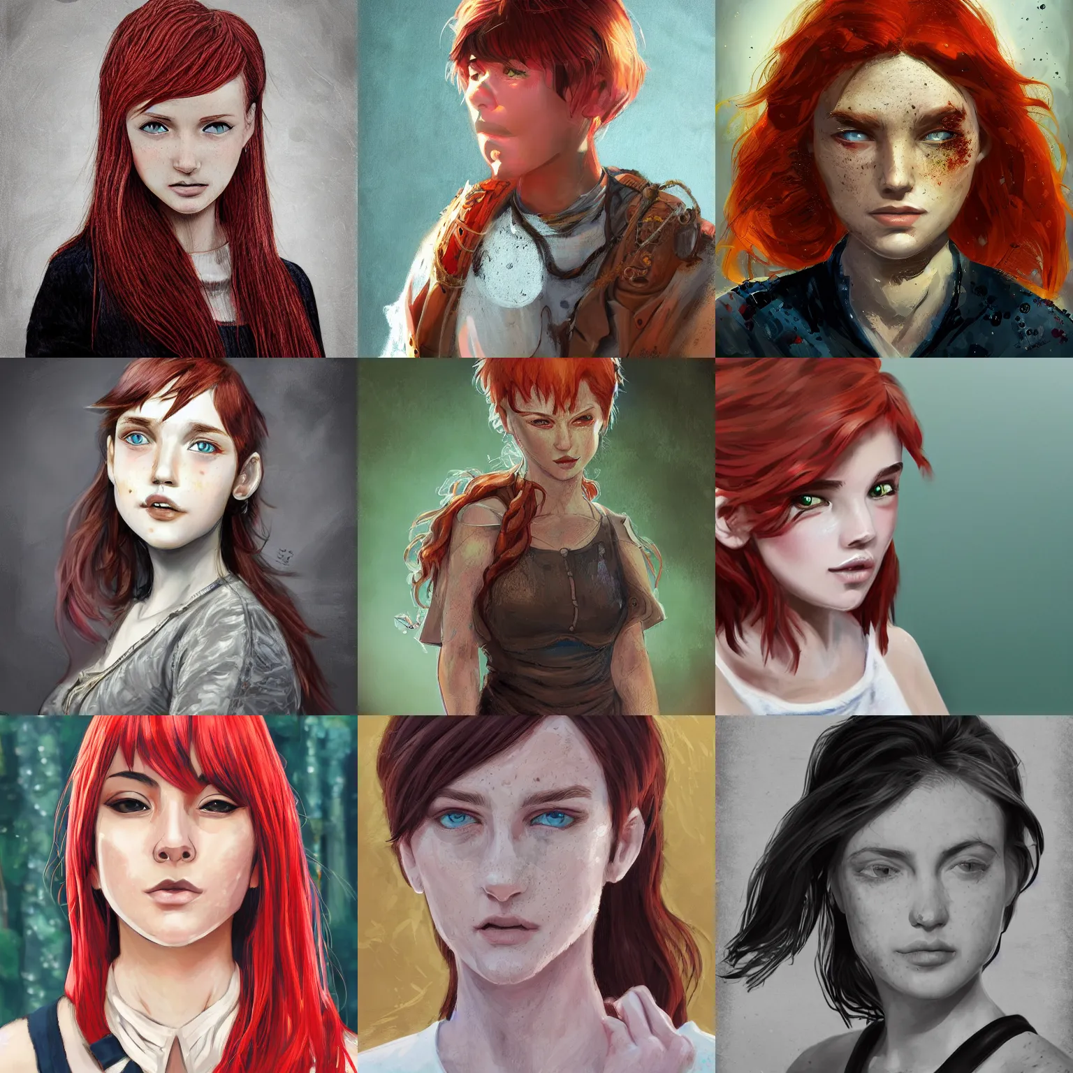 Prompt: portrait of a teen with red hair and abundant freckles and a big noise and a stockier build, intricate, elegant, highly detailed, digital painting, artstation, concept art, sharp focus, illustration