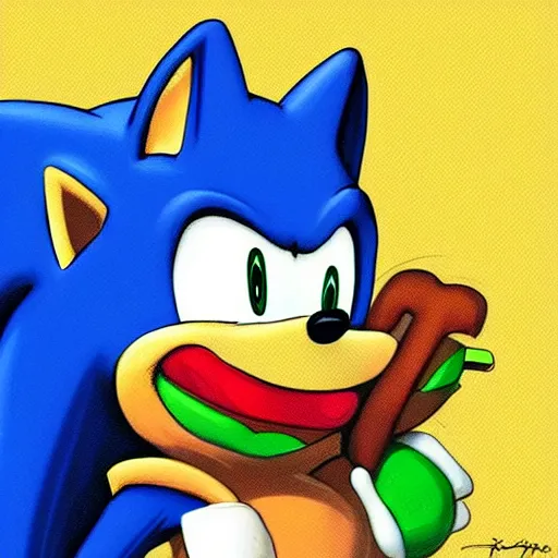 Image similar to fast sonic the hedgehog eating a hamburger, drawn by artgerm