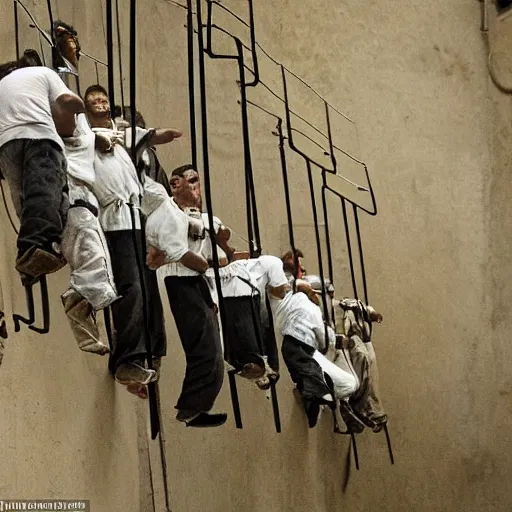 Image similar to prisoners hooked up to guillotines arranged as a spectator sport event, realistic photography, high detailed