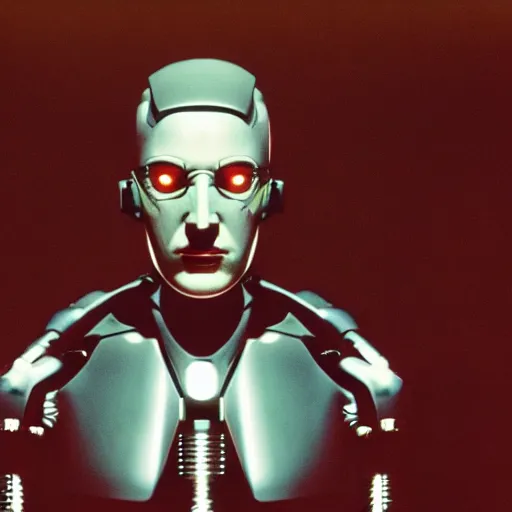 Image similar to movie still of a villain cyborg, facial expression, cinematic composition, cinematic light, surreal cinema, pastel color scheme, by david lynch,