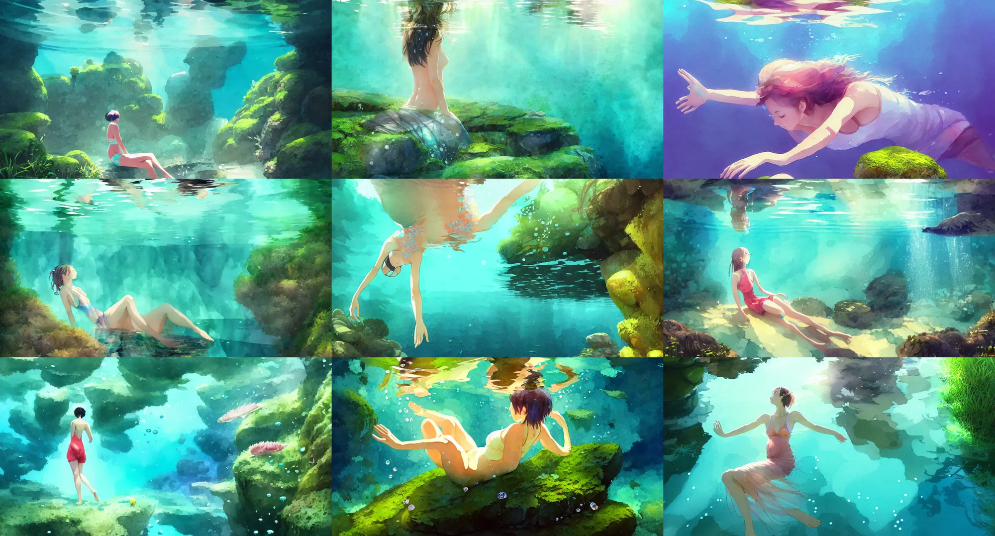 Prompt: one female backstroke swimming in crystal clear water wearing sundress, rocks, underwater plants, moss, digital art, illustration, vibrant watercolor, wenjun lin, studio ghibli, pixiv, sunlight lighting, reflections, refractions, full body, high camera angle, film grain