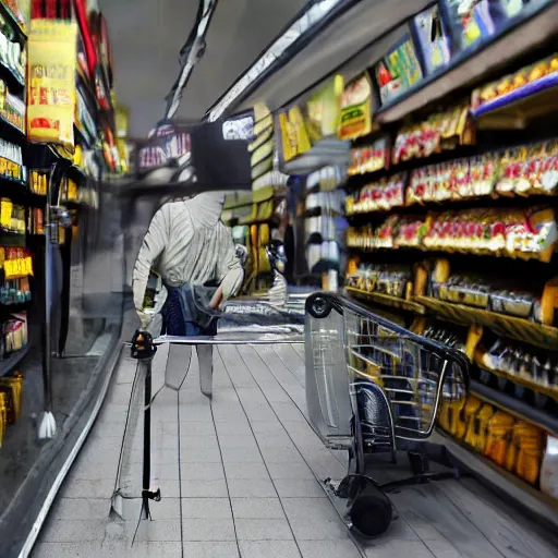 Prompt: a man with a ski - mask at a self checkout stealing a banana, trending on artstation, depth field, unreal engine, cinematic, hyper realism, high detail, octane cinema 4 d render, a 2 4 cinematography, 8 k