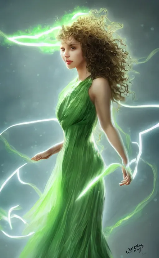 Image similar to a young woman with wild, curly hair and bright green eyes. she's wearing a flowing dress made of light, airy fabric and she has a mischievous look on her face, dynamic lighting, photorealistic fantasy concept art, trending on art station, stunning visuals, creative, cinematic, ultra detailed