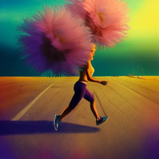 Image similar to portrait, giant purple dahlia flower head, woman running at orange beach, surreal photography, sunrise, blue sky, dramatic light, impressionist painting, digital painting, artstation, simon stalenhag