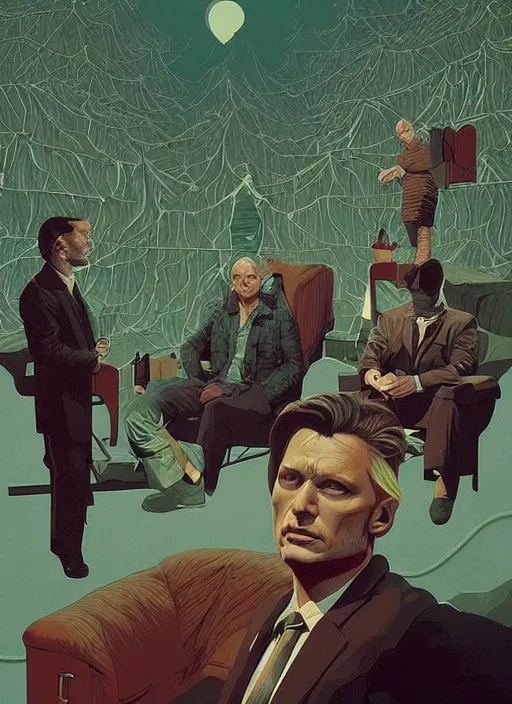 Prompt: poster artwork by Michael Whelan and Tomer Hanuka, Karol Bak of the Mads Mikkelsen, from scene from Twin Peaks, clean