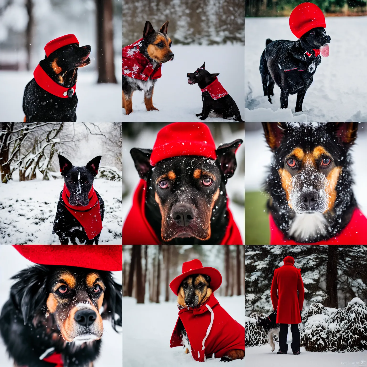 Prompt: a portrait of a yorkshire dog wearing a red coat and a black cowboy hat in the snow, Sigma 85mm f/1.4