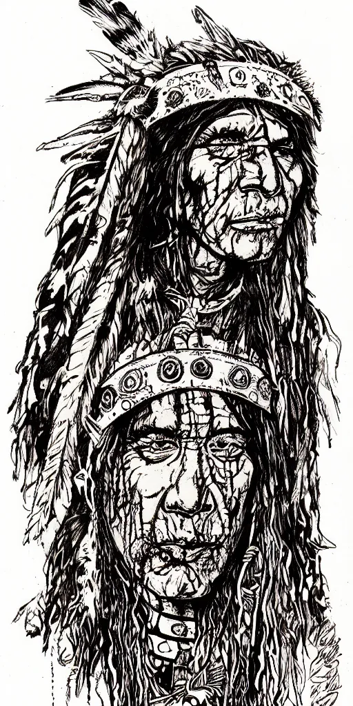 Prompt: a detailed loose wild messy ink sketch portrait of a Native American shaman wearing a bone breastplate in the style of Ralph Steadman, caricature, dramatic with desert colors