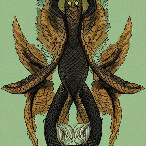 Image similar to an amalgamation of a snake, lizard, and human with one angelic wing and one demonic wing