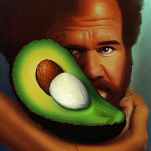 Image similar to bob ross embedded in an avocado, surrealist painting