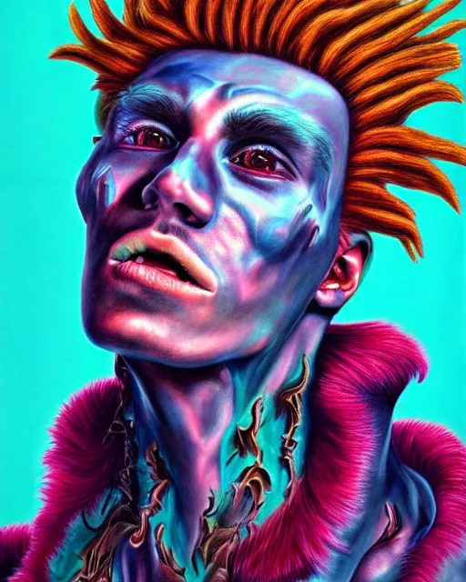 Image similar to a realistic detailed portrait painting of a monster, vaporwave