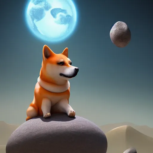 Prompt: A Shiba inu monk sits on a flying rock and travels through the universe , Artstation