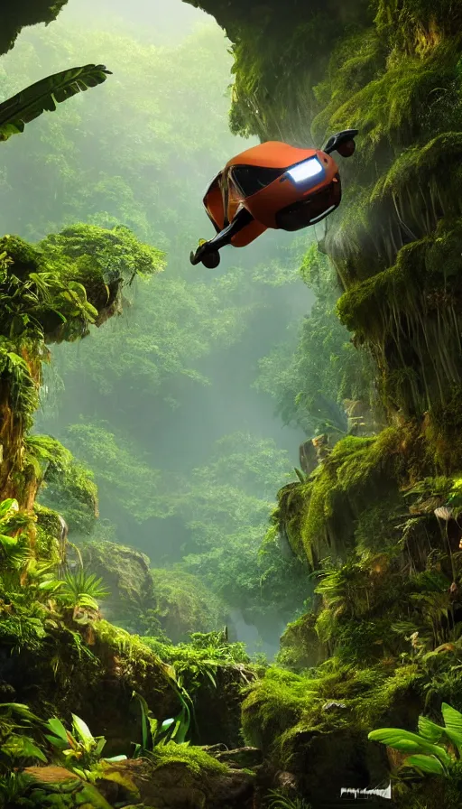 Image similar to a sci - fi flying car floating in a prehistoric jungle cave, lush flora, waterfall, sunset, hazy, volumetric lighting, rtx on, photorealistic render, unreal engine 5