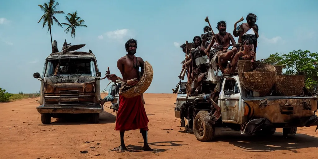 Prompt: sri lankan mad max style, bongo drum players on top of a truck, film still, epic shot cinematography, rule of thirds