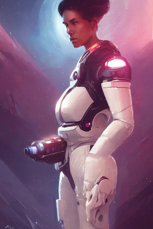 Image similar to portrait of a female space explorer, cyborg, stunning, sci-fi art, artstation, by greg rutkowski, wlop, cinematic lighting