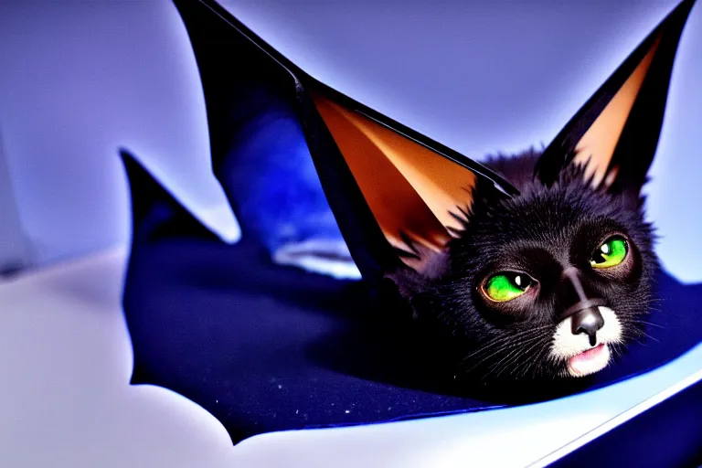 Prompt: a blue - and - black male catbat fursona with blue / green heterochromatic eyes and huge bat ears, photo of the catbat streaming on his computer