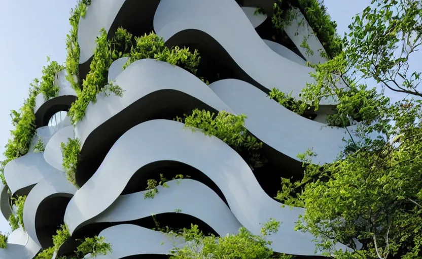 Prompt: biophilic architecture, minimalist parametric design, urban green
