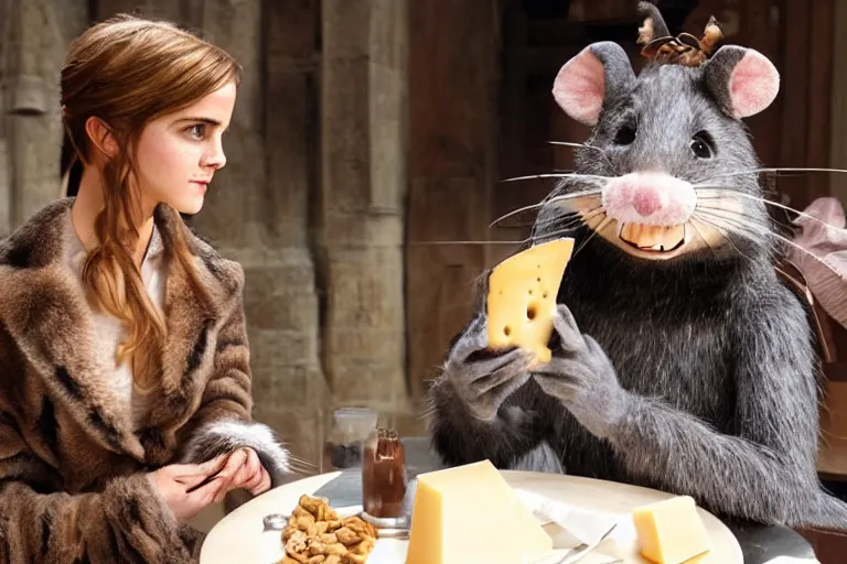 Image similar to photo, emma watson as antropomorphic furry - rat, tinky winky, eats cheese, highly detailed, intricate details