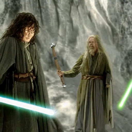 Image similar to A scene from Lord of the Rings, all characters have lightsabers, weta workshop, high quality, movie scene