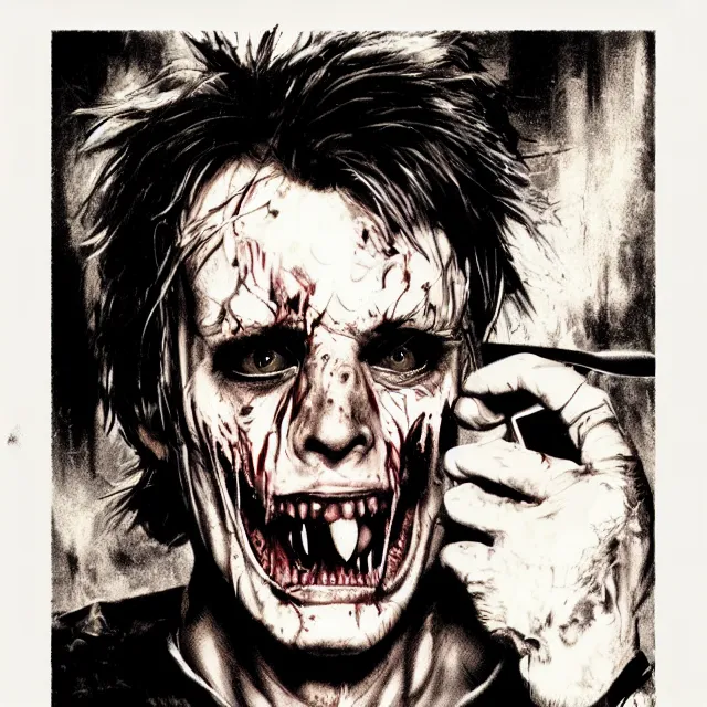 Image similar to realistic portrait of a psycho with a knife on a 1 9 8 0 s horror movie poster, vintage 8 0 s print, detailed, scary, horror, screen print, trending on artstation