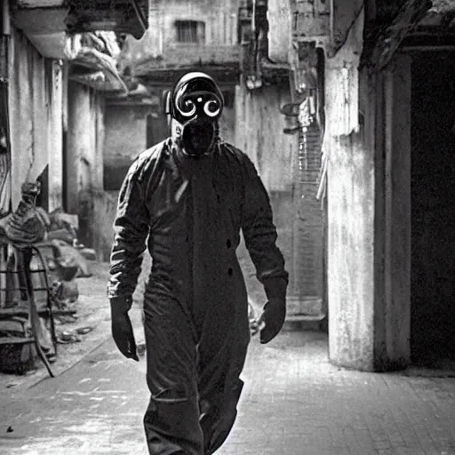 Image similar to A man in a gas mask and flight suit, in the Kowloon Walled City. Dark Fantasy, Film Noir, Black and White. High Contrast, Mike Mignola, D&D, OSR